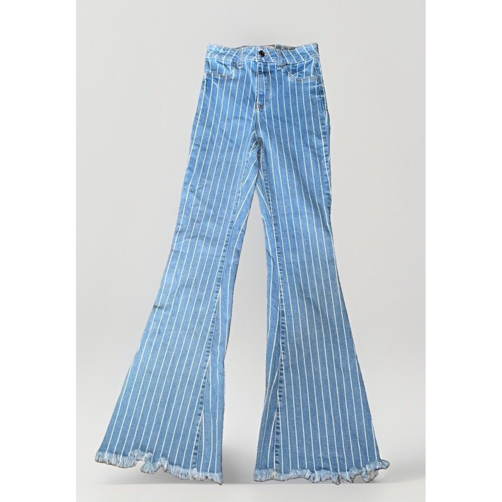 Cello Jeans Womens 1 Striped High Rise Bell Bottom Flare Y2K Fray Hem